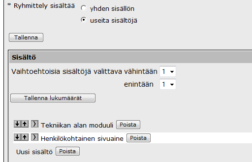 Tallennuksen jälkeen saat jälleen määrättäväksesi lukumäärätiedot (kuinka monta sisältöä eli sivuainetta opiskelijan on valittava). Tallenna lukumäärät.