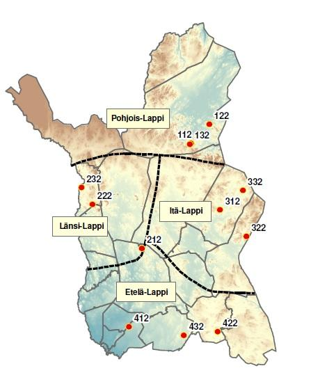 2 Aineisto ja menetelmät 2.1 Koejärjestely Tutkimuksessa Lappi jaettiin neljään alueeseen; Pohjois-, Länsi-, Itä- ja Etelä- Lappiin.