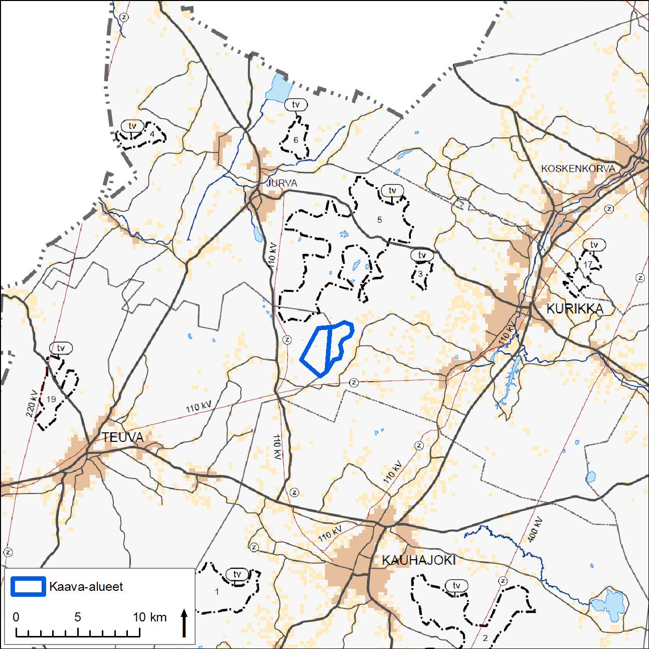 OAS Kurikan ja Teuvan Saunamaan tuulivoimaosayleiskaavat 10 (16) 12.11.2013 5.3 Yleiskaava 5.4 Asemakaava Kuva 5.2. Kaava-alueiden sijoittuminen vaihemaakuntakaava I:n luonnoksessa 28.5.2013. Kaava-alueet on merkitty sinisellä rajauksella.