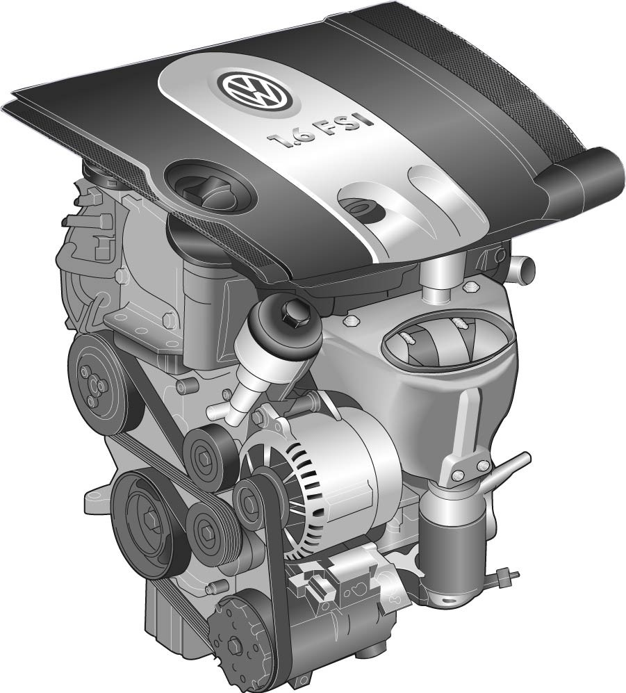 9 3.1 Moottori Moottori on VAG konsernin 1,6 litrainen 4-sylinterinen FSI-moottori, eli bensiini suorasuihkutus laihaseosmoottori.