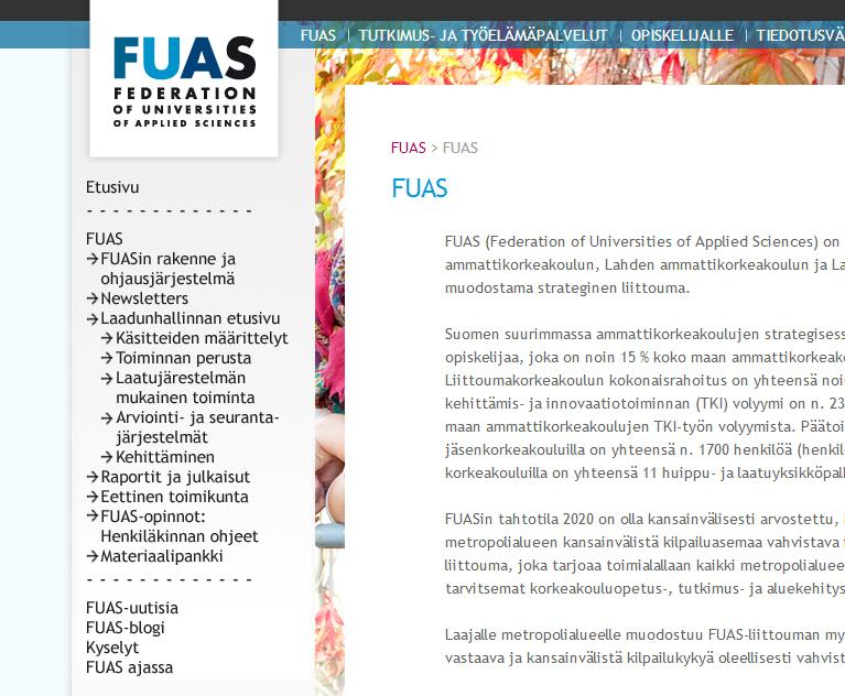 Kuva 4. Havainnekuva FUAS-laadunhallinnan sivujen sijoittumisesta www.fuas.
