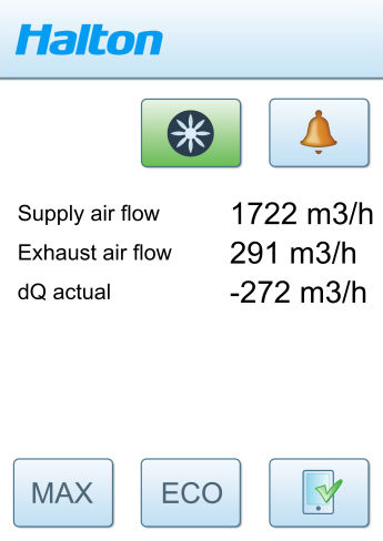 Kuvatekstit Supply air flow dq actual Exhaust air flow Kuva: Halton HTP -kosketuspaneelin loppukäyttäjän näkymät VLR-ratkaisun huoneen ilmavirranhallinta -ratkaisussa.