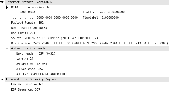 18 Kuvio 11. Ulkopuolinen ei pääse tarkastelemaan Wiresharkia apuna käyttäen ESP-paketin sisältöä. Paketissa nähdään laajennettujen kehyksien ketjuttamista IPv6->AH->ESP.