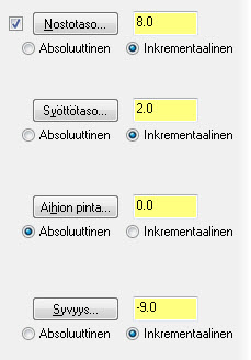 12 MASTERCAM X9/ Työkalutason muuttaminen vs. työkoordinaatiston muuttaminen 9 Varmista, että asetukset ovat oikealla olevan kuvan mukaiset. 10 Valitse Siirtymisparametrit-sivu.