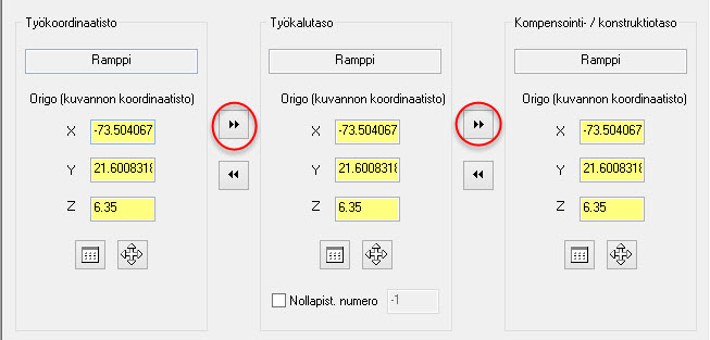 PROFIILI (RAMPPI) -TYÖSTÖRADAN PÄIVITTÄMINEN 51 7 Valitse Ramppi suuntien luettelosta. 8 Klikkaa OK. 9 Klikkaa Kopioi työkalutasolle ja Kopioi konstruktiotasolle -painikkeita kuten kuvassa alla.