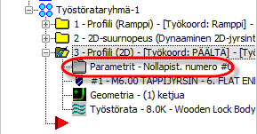 PROFIILI (2D) -TYÖSTÖRADAN PÄIVITTÄMINEN 55 12 Tallenna tiedosto. Harjoitus 6: Profiili (2D) -työstöradan päivittäminen Nyt liitetään toinen suunta Profiili (2D) -rataan.