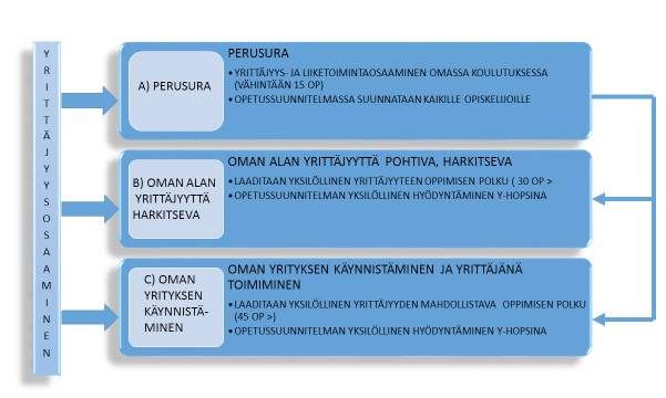 Kuvio 5. Yrittäjyysosaamisen edistäminen ja yrittäjyyteen oppiminen Lapin AMKissa. (mukaellen RAMK/ YTY-työryhmän esitystä 13.3.2009.