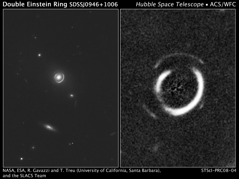 Kuvio 2. Hubble-teleskoopin havaitsema kaksinkertainen Einsteinin rengas. NA- SA/ESA.