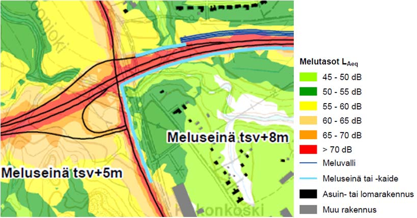 2040, VN ohjeistuksen mukainen meluntorjunta, Ve 1 Kuvassa 4 on esitetty meluntorjunta (versio 1), jolla päästään alle päiväajan ohjearvon piha alueilla.