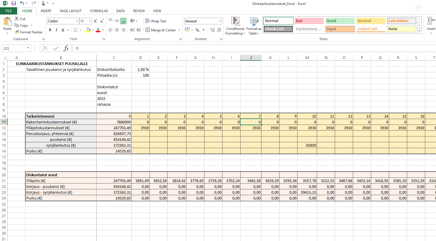 20 Exceliin tehtiin taulukko, jossa on jokaiselle vuodelle oma sarake, johon on merkitty kyseisen vuoden korjaus- ja ylläpitokustannukset.