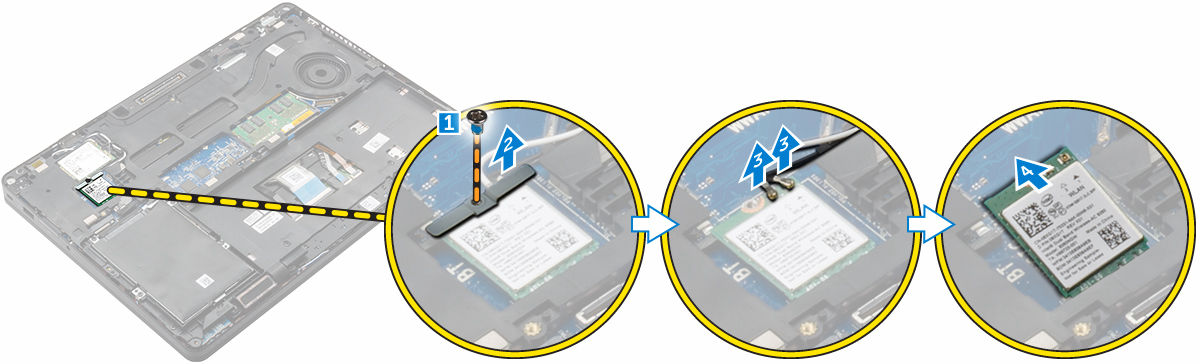 Noudata Ennen kuin avaat tietokoneen kannen -kohdan menettelyä. 2. Irrota seuraavat: a. rungon suojus b. akku 3. WLAN-kortin irrottaminen: a.