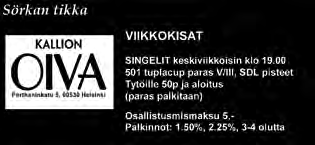 VIIKKOKISOJA VIIKKOKISOJA Maanantai Maanantai Keskiviikko Torstai ma klo 19,00 Rav. Aapelin Baari, Kontula, Helsinki p. 09-306761 DC Kontula 501/5 4 euroa SDL-pisteet ma klo 18.30 Rav.