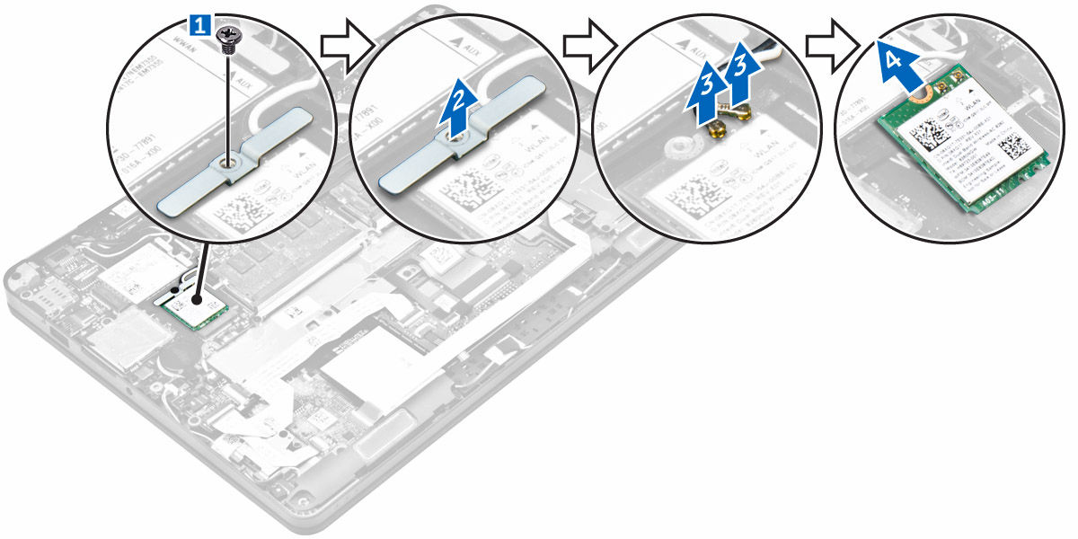 WLAN-kortin asentaminen 1. Aseta WLAN-kortti paikoilleen tietokoneeseen. 2. Ohjaa WLAN-kaapelit reitityskanavan läpi. 3. Liitä WLAN-kaapelit WLAN-kortin liittimiin. 4.