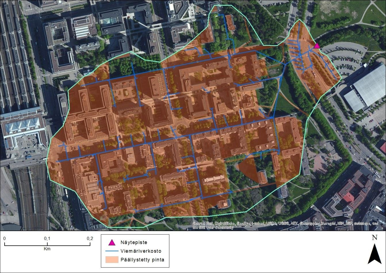 Kuva 24. Valuma-alue numero 36 Helsingin Itä-Pasilassa, joka on pääasiassa päällystettyä pintaa.