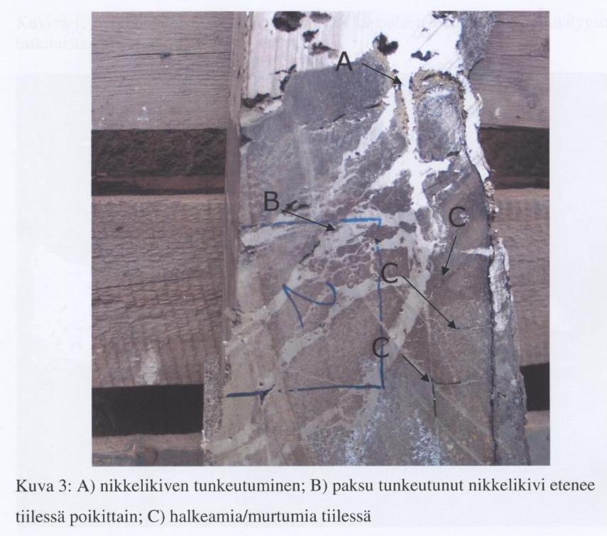 A) Halkeama tiilessä (jännityskorroosion aiheuttamia, ylös- ja