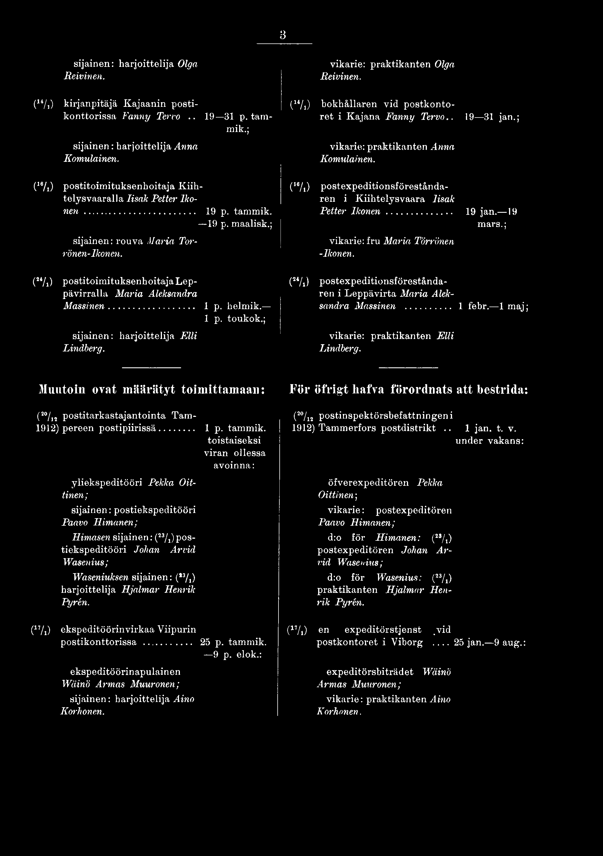 (24/,) postitoimituksenhoitaja Lep- (24/i) postexpeditionsföreståndapävirralla Maila Aleksandra ren i Leppävirta Maria Alek- Massinen... l p. helmik. sandra Massinen... 1 febr. 1 maj; 1 p. toukok.