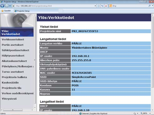 1. Verkkotoiminto 1. Verkkotoiminto Tämä kappale sisältää kuvauksen verkkotoiminto (verkkotoiminnon) pääpiirteistä. 1.1 Verkonhallinta Yhdistettäessä projektori ja tietokone verkon kautta projektorin kaukosäätäminen ja tilan monitorointi voidaan tehdä verkkoselaimella.