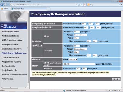 3. Verkonhallinta 3.1 Projektorin web-ohjaus (jatkuu) 3.1.8 Päiväyksen/Kellonajan asetukset Näyttää ja konfiguroi päivämäärä- ja aikaasetukset.