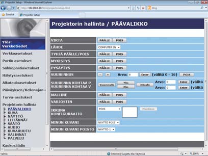 3. Verkonhallinta 3.1 Projektorin web-ohjaus (jatkuu) 3.1.10 Projektorin hallinta Projektorin toimintoja voidaan suorittaa näytössä olevien kohteiden avulla. Kohderyhmät näytetään päävalikossa.