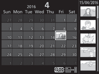 36 Kalenteritoisto Katsellaksesi valittuna päivänä otettuja Päivämääräluettelo kuvia (kalenteritoisto) paina W (Q) -painiketta, kun näytöllä näkyy 72 kuvaa.