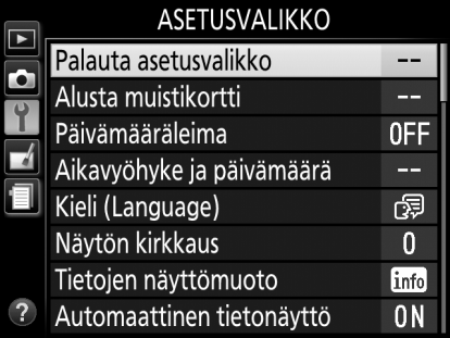 Kameran valikot Useimpia kuvaus-, toisto- ja asetusvaihtoehtoja voi säätää kameran valikoiden kautta. Näytä valikot painamalla G-painiketta.