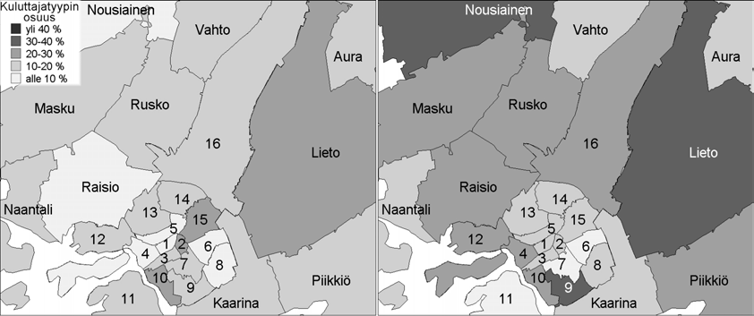 44 tyisen suurena näilläkään alueilla. Osittain juuri asuinpaikasta johtuen uuden ajan kuluttajat lähtevät ostosmatkoille tyypillisesti omalla autolla.