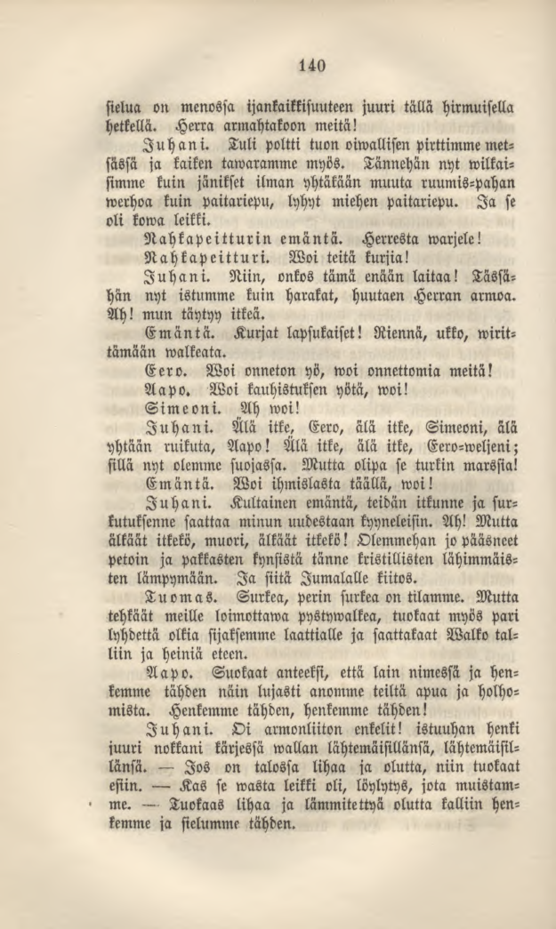 sielua on menossa 140 ijankaikkisuuteen juuri tällä hirmuisella hetkellä. Herra armahtakoon meitä! Juhani. Tuli poltti tuon oiwallisen pirttimmemetsässä ja kaiken tawaramme myös.