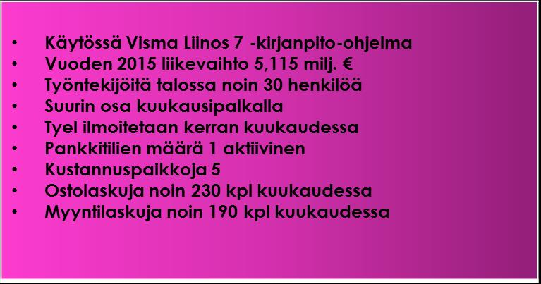 41 Kuvio 11: Yrityksen taloushallinnon tietoja. Kuvion 11 tiedot toimivat myös pohjana tilitoimistoille lähetetyissä tarjouspyynnöissä.