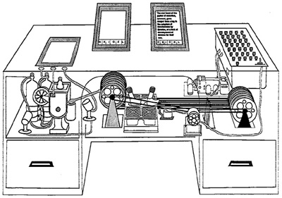 Vannevar Bush Memex: näyttö, näppäimistö ja lukulaite. Tieto tallennettiin mikrofilmiin. http://www.heise.de/tp/r4/artikel/14/14903/14903_1.jpg Memexin käyttäjä tutkii jousen ja nuolen alkuperää.