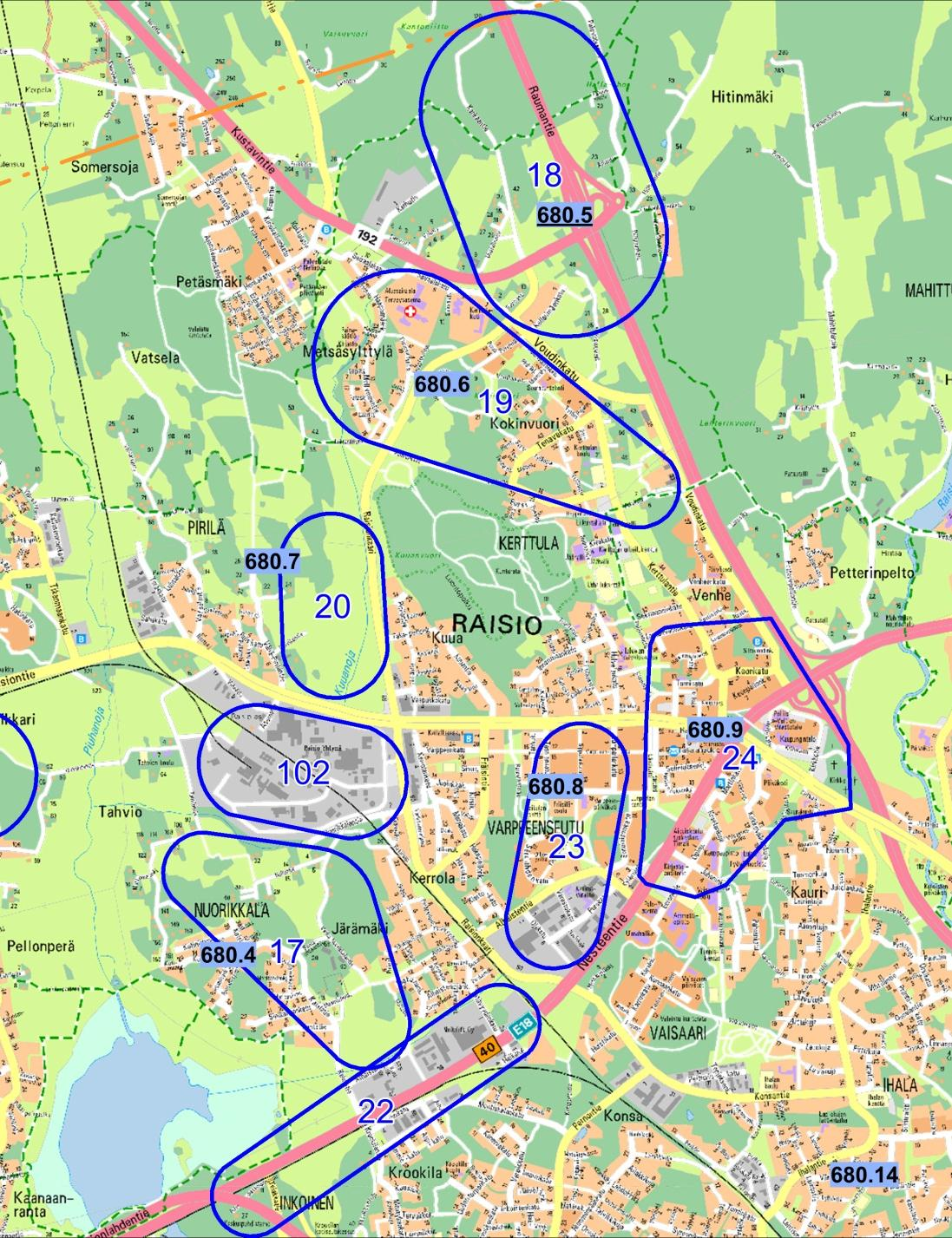 Rakentuvien alueiden sijainti: Alhainen-Lumparla, Ihala,