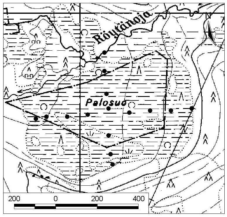 Kuva 41. Satamosuon kartta ja tutkimuspisteet. 40. Palosuo Palosuo (kl. 3511 11) sijaitsee noin 31 km Haukiputaan kirkolta itään (kuva 42). Suo pohjoisreuna rajoittuu Röytänojaan.