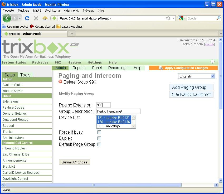 36 Trixbox mahdollistaa myös kuulutusryhmien luomisen, jolloin esimerkiksi tiettyyn numeroon soittamalla saadaan yhteys järjestelmän jokaiseen päätelaitteeseen.