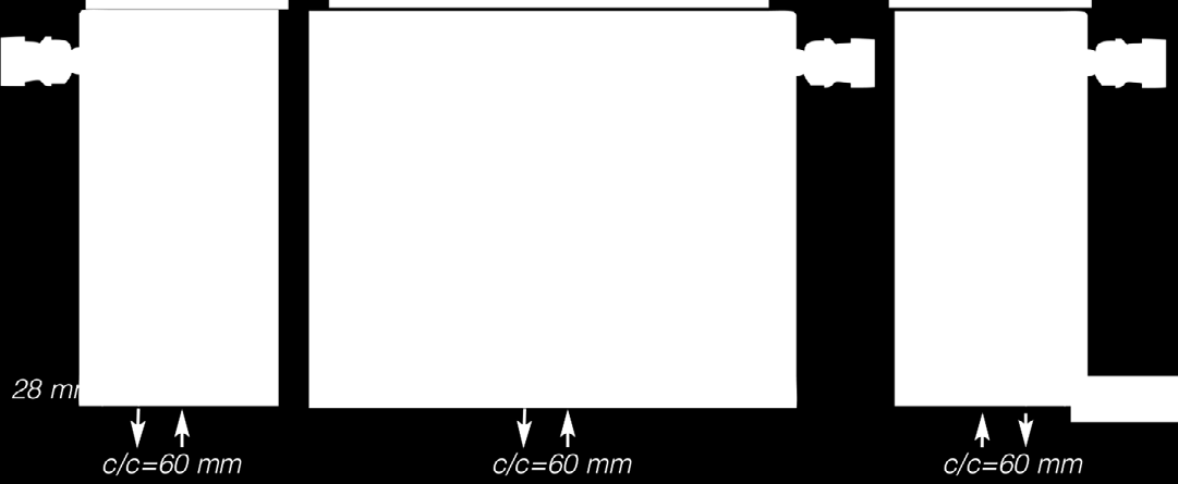 PRE-sarjan radiaattori sarjakytkennällä H tai V ( tai ). Esimerkki sivu- ja sarjakytkennästä.