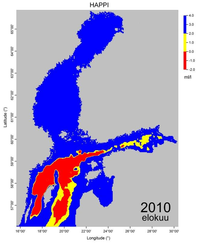 Pohjanläheisen veden happipitoisuus (ml/l) elokuussa 2010 2012 -Suomenlahden tilanne