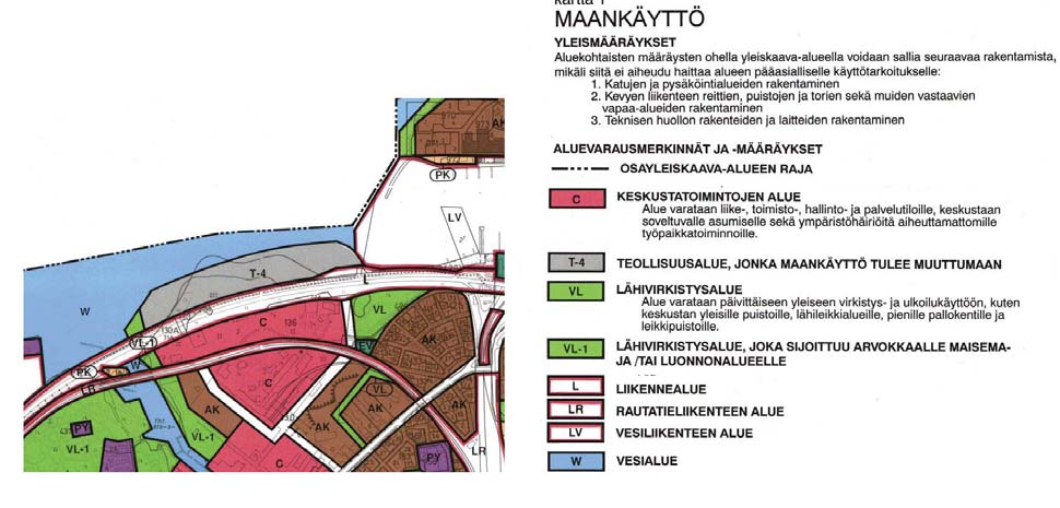 Siinä rautatien ja Kekkosentien välinen alue on keskustatoimintojen aluetta, joka varataan liike-, toimisto-, hallinto- ja palvelutiloille, keskustaan sopivalle asumiselle sekä ympäristöhäiriöitä