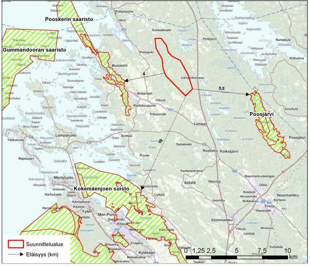 31 Lähin luonnonsuojelualue sijaitsee n. 2 km päässä tuulivoimahankkeen alueesta. Kuvio 9 havainnollistaa suojelualueita.