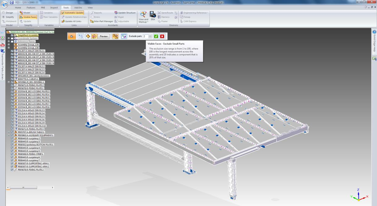 58 Kuva 15. Simplified Assemblyn luominen osafilteröinnin avulla (Siemens PLM 2015) Kuvassa näkyy, miten Solid Edge poimii harjaspöytäkokoonpanosta poistettavia osia.