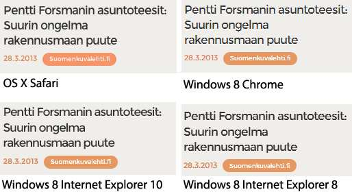 29 2013). Selaimille täytyy kuitenkin tarjota fontista oikea muoto (EOT, WOFF, SVG tai TTF/OTF), jotta se osaisi käsitellä sitä.