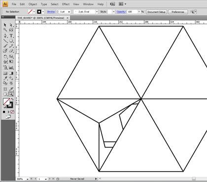 30 Kuvio 24. Yhteen kolmioista piirretään kuvion osa, joka käännetään sitten muihin kolmioihin. Valitsen vektoriviivaimella piirtämäni viivat, teen niistä kopion, ja käännän sitä 120 astetta.