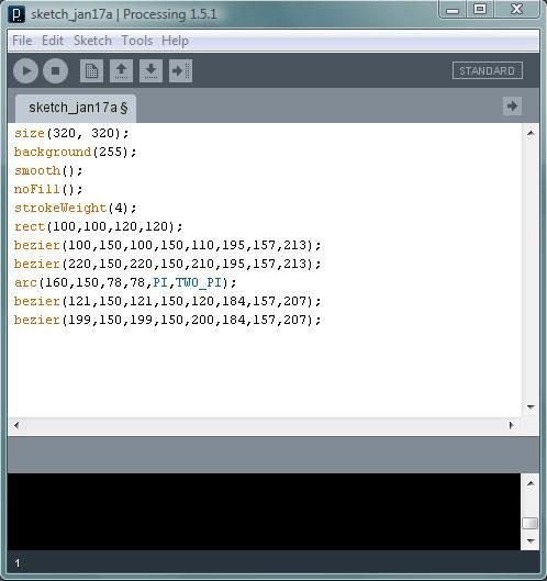 36 Processing-ohjelma on kahdessa ikkunassa. Tn tekstialue (text editor), johon koodi kirjoitetaan, ja ns.