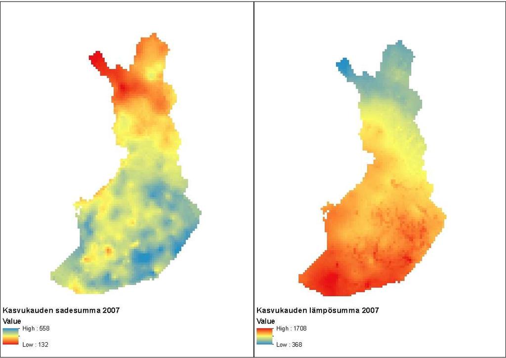 Kuva 13. Ilmatieteen laitoksen sadesumma (mm) - ja lämpösumma ( Cvrk) -aineistot (kuvassa vuoden 2007 aineisto).