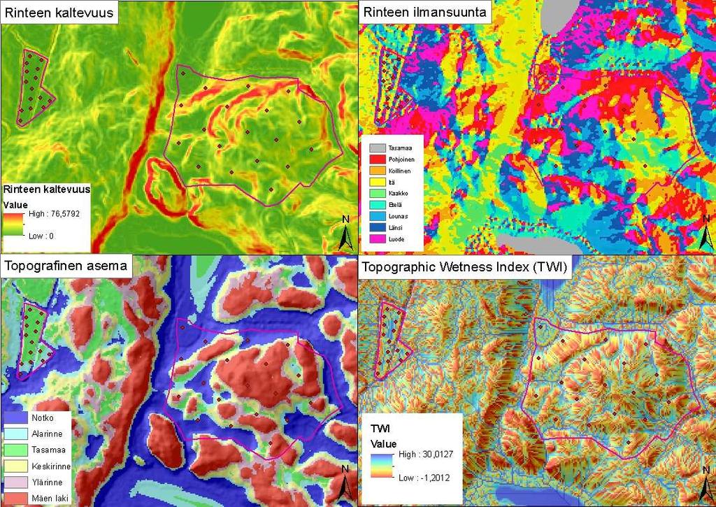 2.2.2 Paikkatietoanalyysit Maanmittauslaitoksen korkeusmallilla tehtiin neljä analyysiä koskien maaston topografiaa (kuva 15 ja 16). Analyyseissä käytettiin ArcGIS 10.2 ohjelmistoa. Kuva 15.