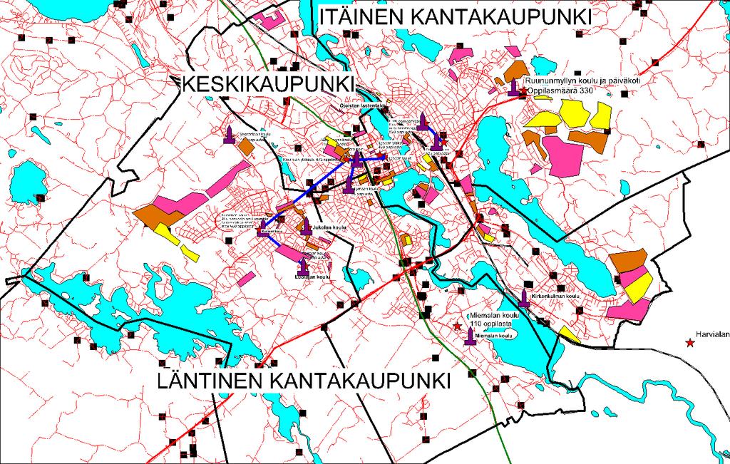 58, LANULA 10.6.2014 13:00 / Pykälän liite: Palveluverkkosuunnitelma Palveluverkkoluonnos 3 Antti Karrimaa 27.5.2014 Läntinen kanta-kaupunki käsittää alueen Ahveniston harjusta länteen, Itäinen kantakaupunki puolestaan karkeasti ottaen alueen Vanajavedestä ja rautatiestä itään.