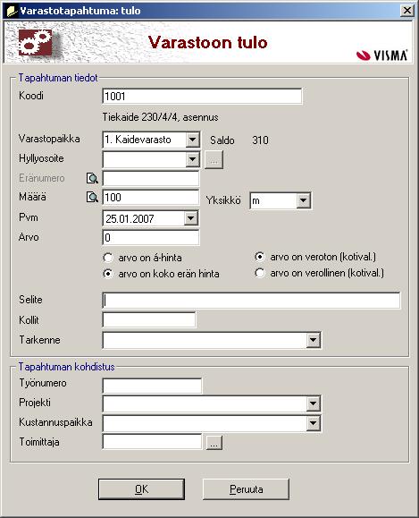 34 taan tuotteiden veroton kokonaismäärä ja arvo, joista ohjelma laskee automaat- tisesti tuotteille yksikkömääräiset arvot. KUVIO 3 Esimerkkinäkymä varastoon tulo kirjauksesta (Nova-Pro ohjelma 25.1.