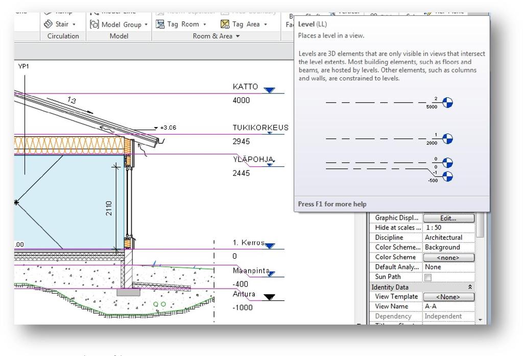 12 Kuva 2. Tasot (Levels) 3.1.2 Luettelot Autodesk Revit Architecture -ohjelmassa on paljon ominaisuuksia, joita ei Autocadohjelmassa ole.