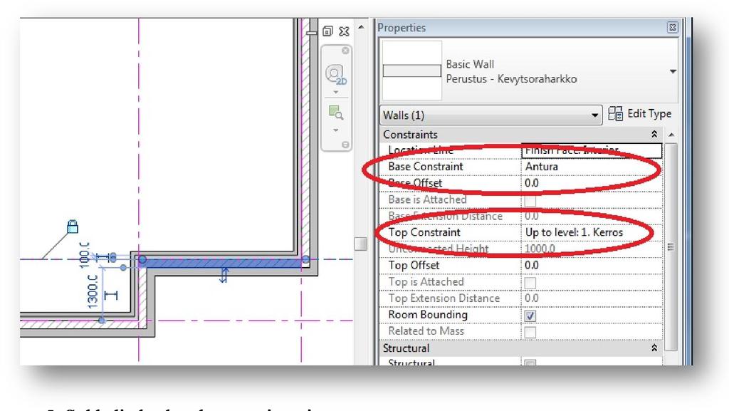 15 3.2.1 Sokkelit Sokkelit mallinnetaan Revit Architecture -ohjelmassa seinätyyppejä käyttäen. Materiaaliksi määritetään esimerkiksi kevytsoraharkko ja sille annetaan leveys.