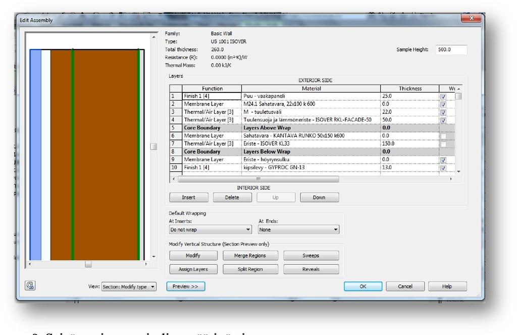 18 ja leikkauspiirroksiin. Seinätyyppien luonti on helppoa; niihin asetetaan eri materiaalikerrokset, joille määritetään paksuudet (Thickness).