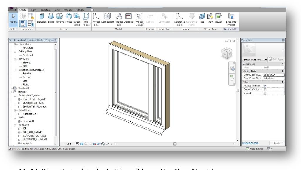 21 Kuva 11. Mallinnettu tuuletusluukullinen ikkuna Family editor-tilassa. 3.4.2 Ikkunat Ikkunat asetetaan malliin Windows-työkalua käyttäen.