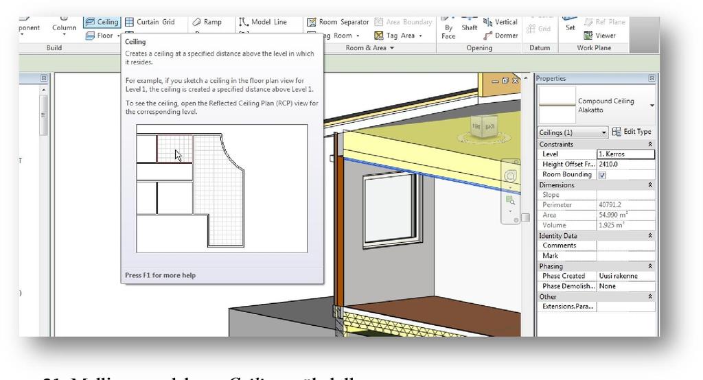 31 Kuva 21. Mallinnettu alakatto Ceiling-työkalulla. 3.9 Kalustaminen Kiintokalusteet ovat tärkeä osa talon kokonaisuutta.