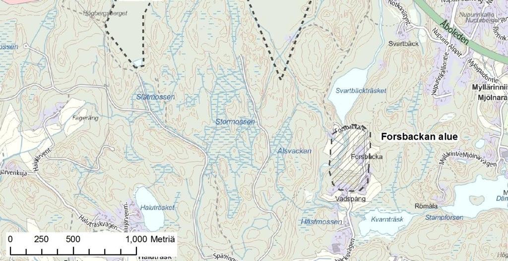 Selvitysalueen länsipuolella on osin soistunutta kalliomaastoa ja itäpuolella Nupurinjärvi ja sitä ympäröivä laaksopainanne. Alueen pohjoisrajana on Nupurintie.